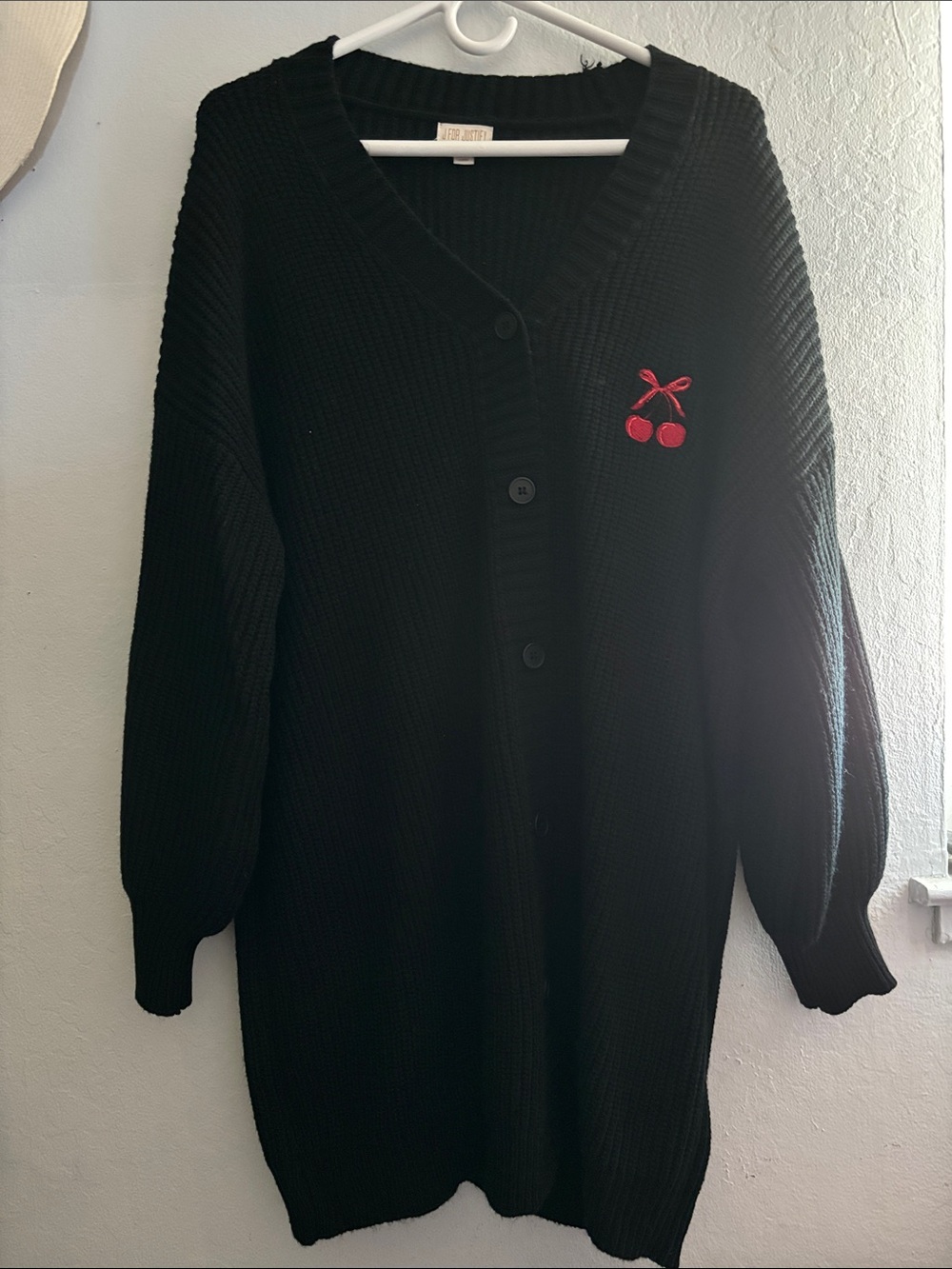 Black Oversized V-Neck Cardigan Sweater with Cherry Embroidery